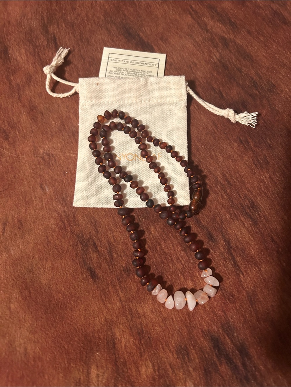 Handcrafted Baltic raw Amber Brown and Rose Quartz Beaded Necklace